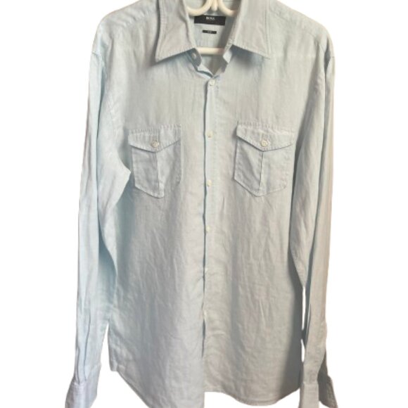 BOSS Hugo Boss Light Blue Button-Down Linen Shirt. Slim  Size: XL - Picture 9 of 15